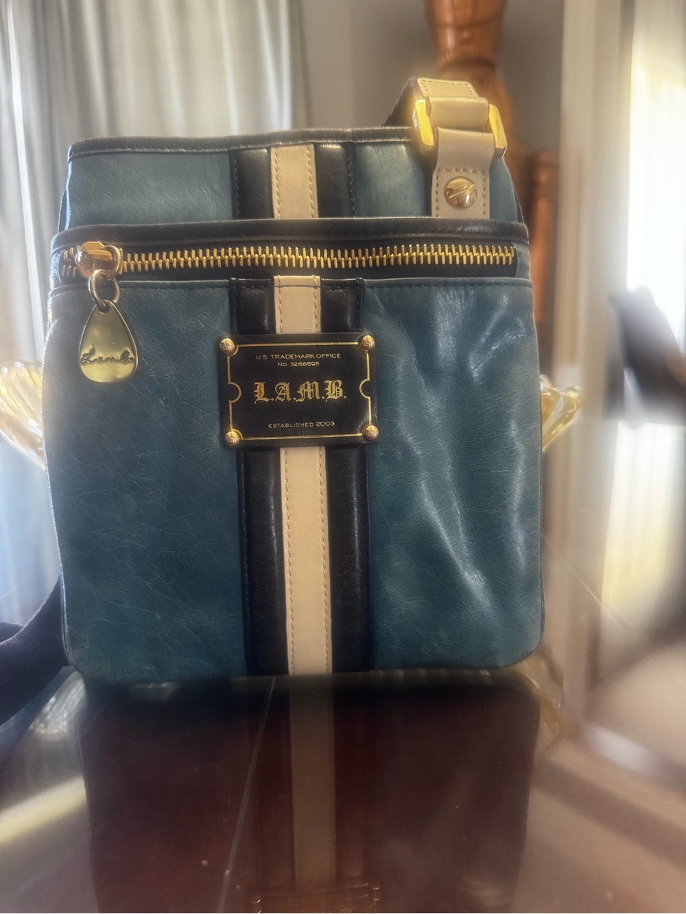 Coach Teal Leather Crossbody with Black and Cream Stripes